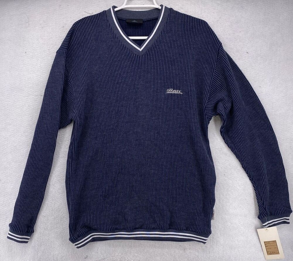90s Bear Surfboards V Neck Sweater Mens L Navy Ribbed Knit Big Wednesday Vintage